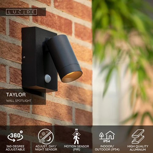 Lucide TAYLOR - Wall spotlight / Wall light Indoor/Outdoor - 1xGU10 - IP54 - Motion Sensor - Black - USP